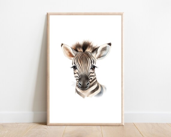 Baby Zebra Face Cute Watercolor Portrait Safari Nursery Wall Art
