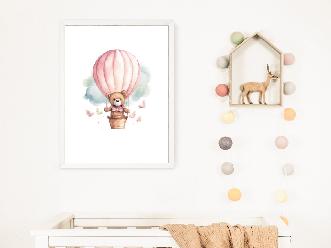 Teddy Bear Hot Air Balloon Ride Watercolor Poster, Nursery Decor - Image 2