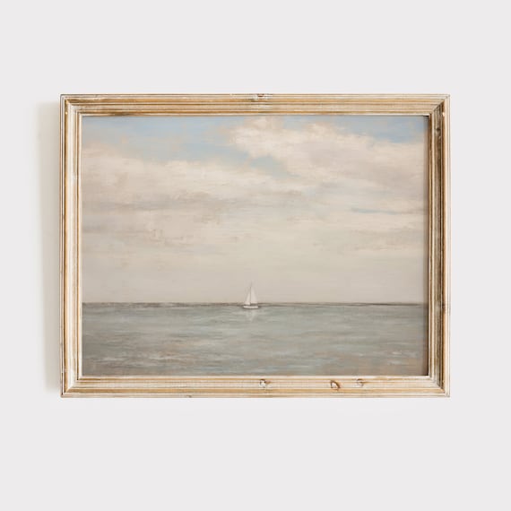 Minimalist Seascape Sailboat Horizon Vintage Ocean Oil Painting Poster