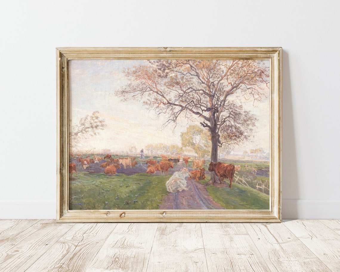 Vintage Cows Grazing Under Oak Tree Rustic Farm Landscape Poster - Image 2