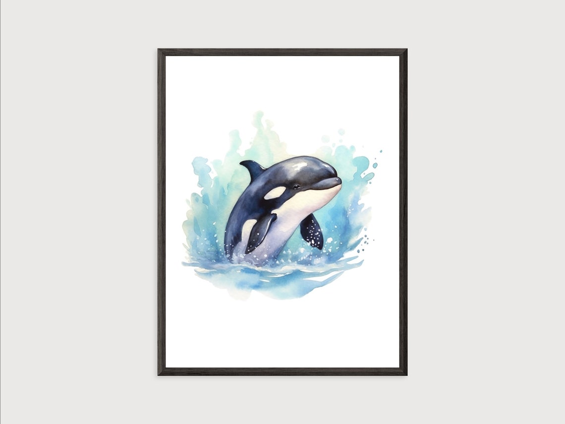 Baby Orca Leaping Watercolor Poster, Ocean Nursery Wall Decor Art - Image 2