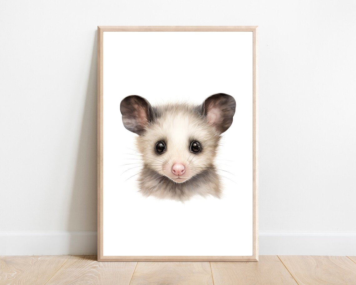 Cute Baby Possum Face Portrait Watercolor Nursery Wildlife Poster