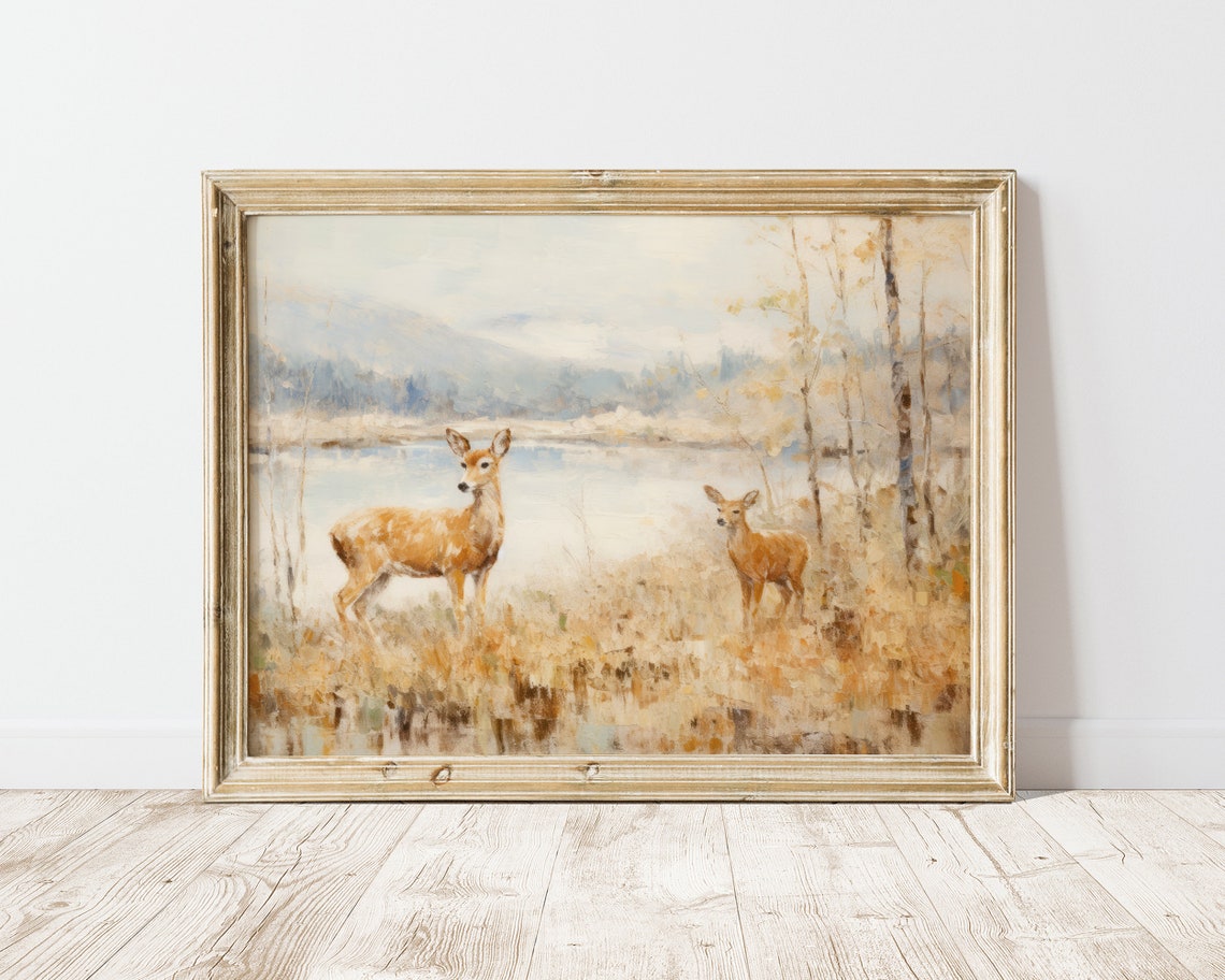 Two Deer by Autumn Lake Impressionist Wildlife Painting Poster - Image 2