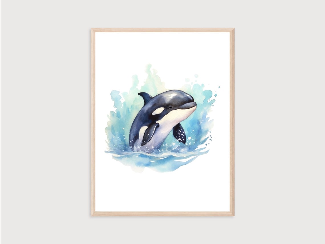 Baby Orca Leaping Watercolor Poster, Ocean Nursery Wall Decor Art