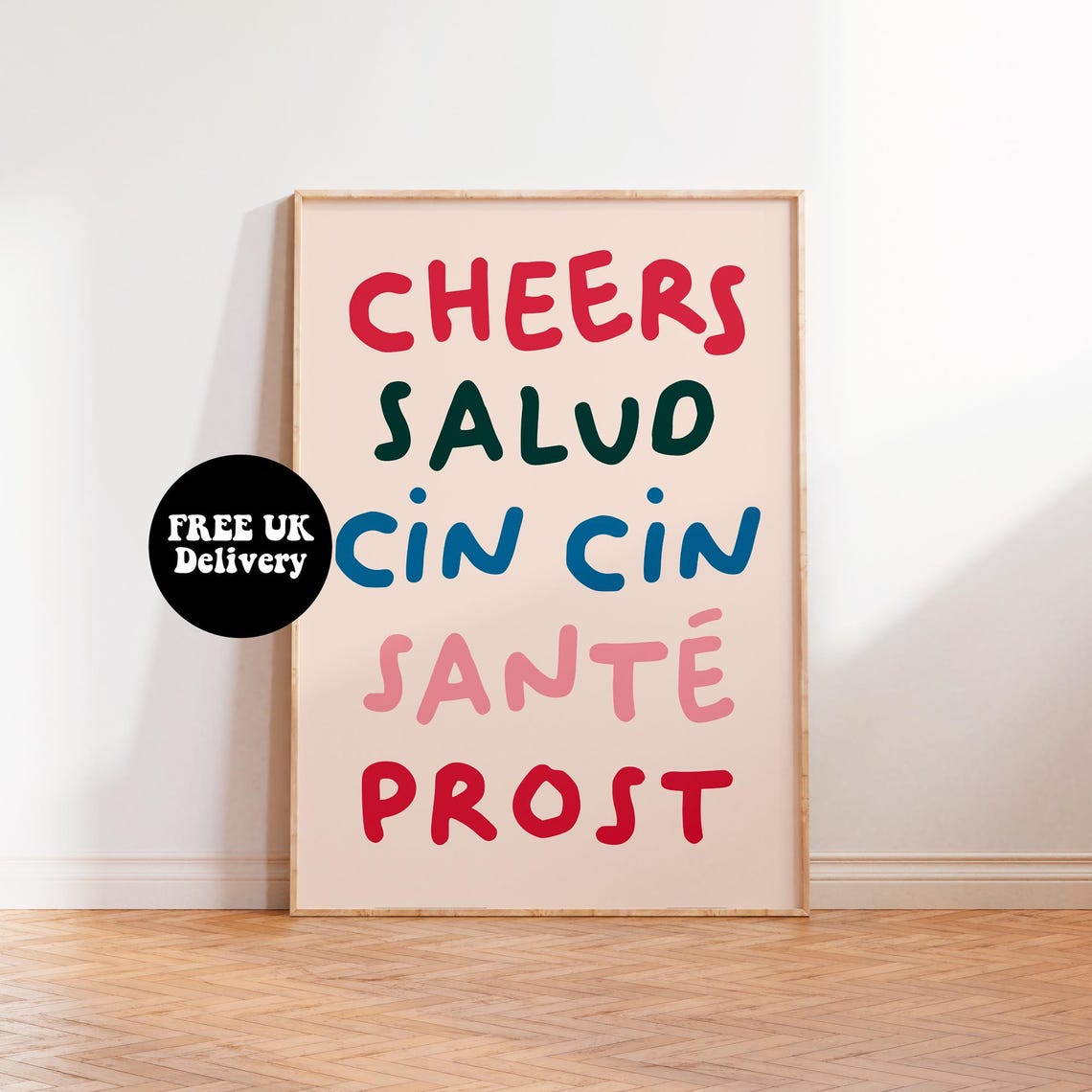 Cheers Salud Cin Cin Bar Cart Poster Multicolor Script On Cream