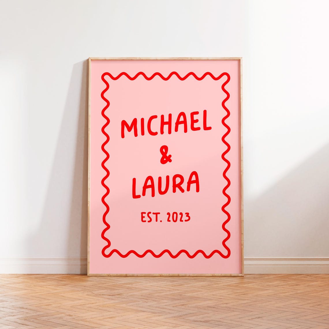 Michael And Laura Est 2023 Poster Red On Pink With Wavy Frame