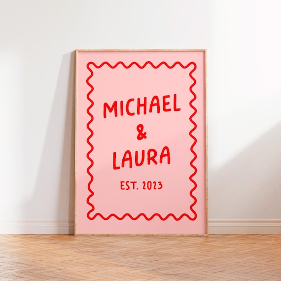 Personalised Couples Gift Names Year Poster Personalised Pink Red His Her Typography Print Unframed A5 A4 A3 A2 A1 Wedding Anniversary Gift