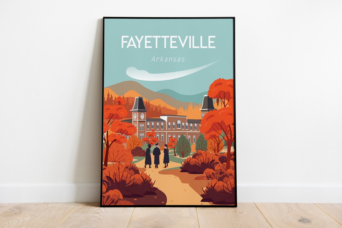 Fayetteville Arkansas Fall Travel Poster Campus Clock Tower Scene
