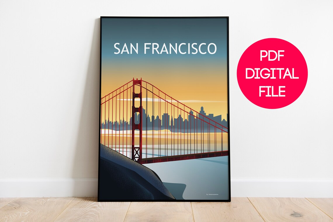 San Francisco California Golden Gate Bridge Sunset Travel Poster