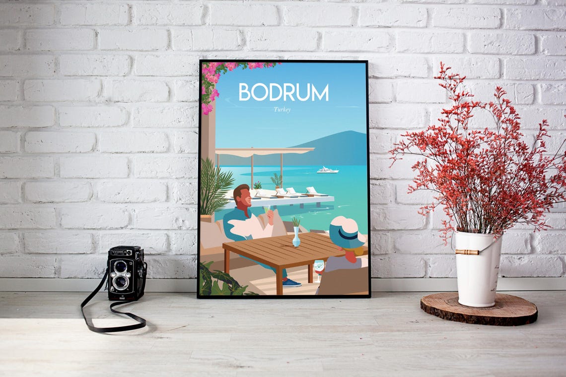 Bodrum Turkey Seaside Travel Poster Couple Dining Terrace View - Image 3