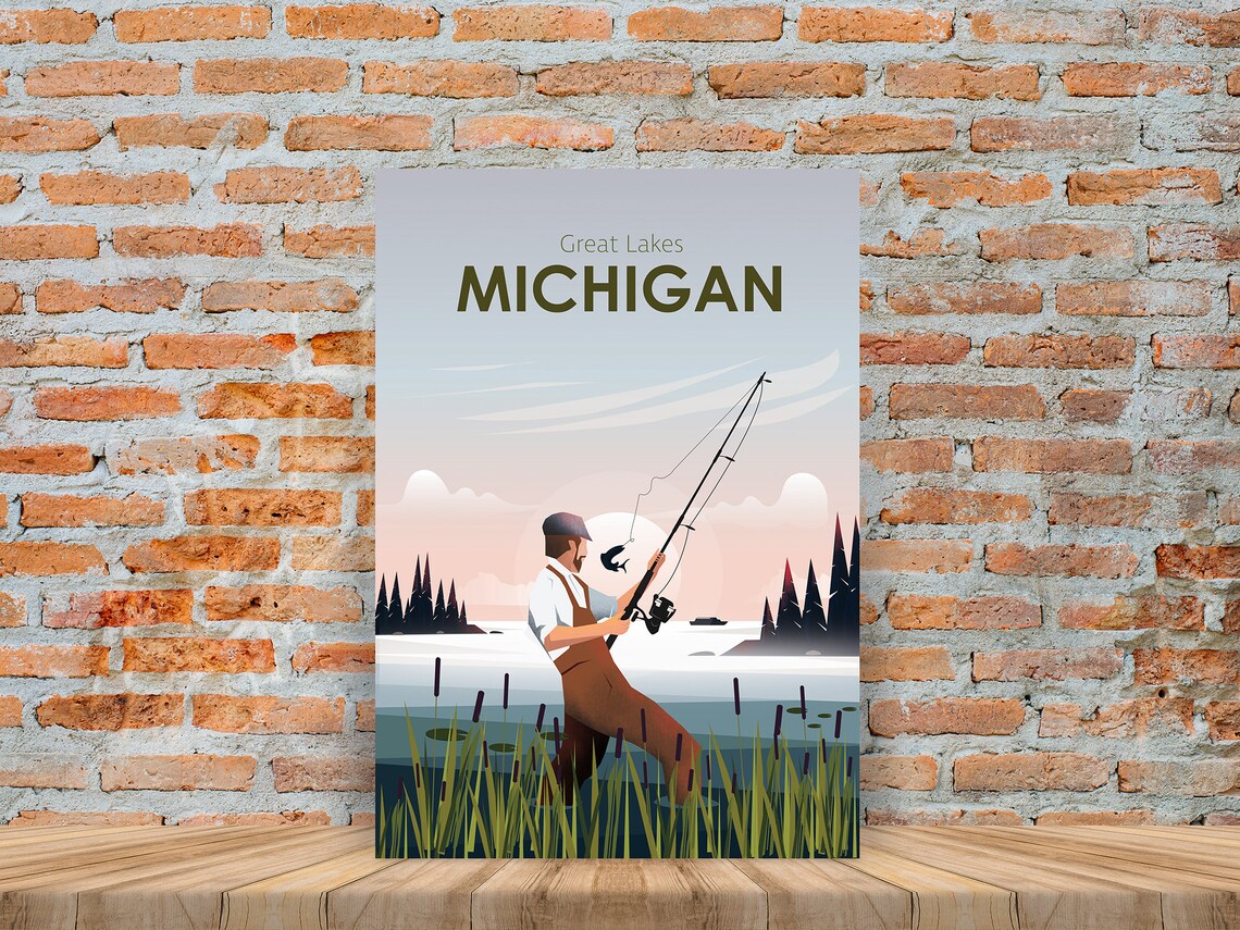 Michigan Great Lakes Vintage Fisherman Sunset Lake Travel Poster - Image 3