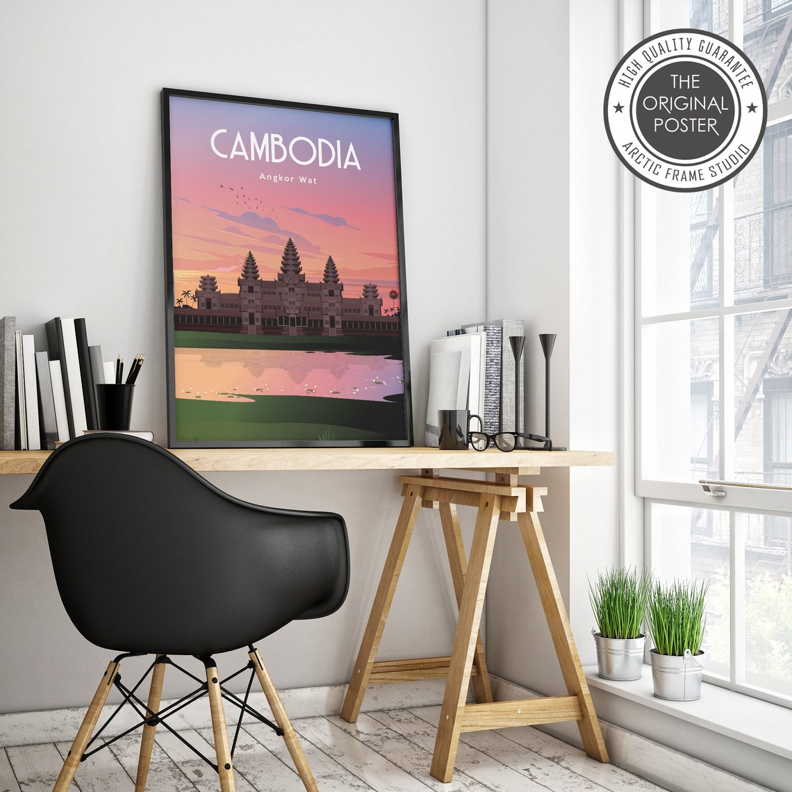 Cambodia Angkor Wat Temple Sunset Reflecting Moat Travel Poster - Image 2