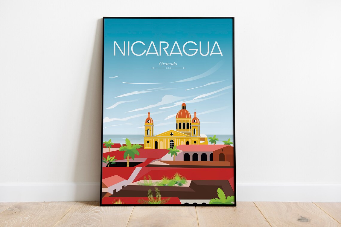Nicaragua Granada Cathedral Red Roofs Palms Vintage Travel Poster