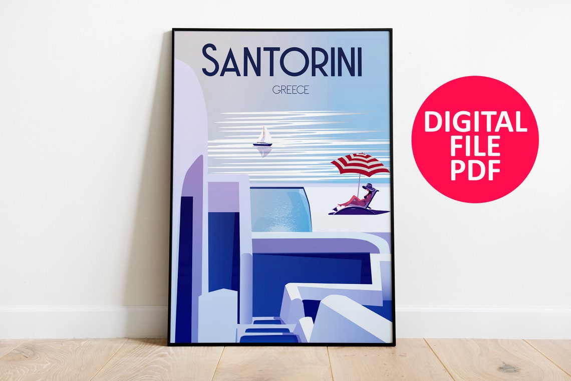 Santorini Greece Aegean Terrace Sunbather Sailboat Retro Poster