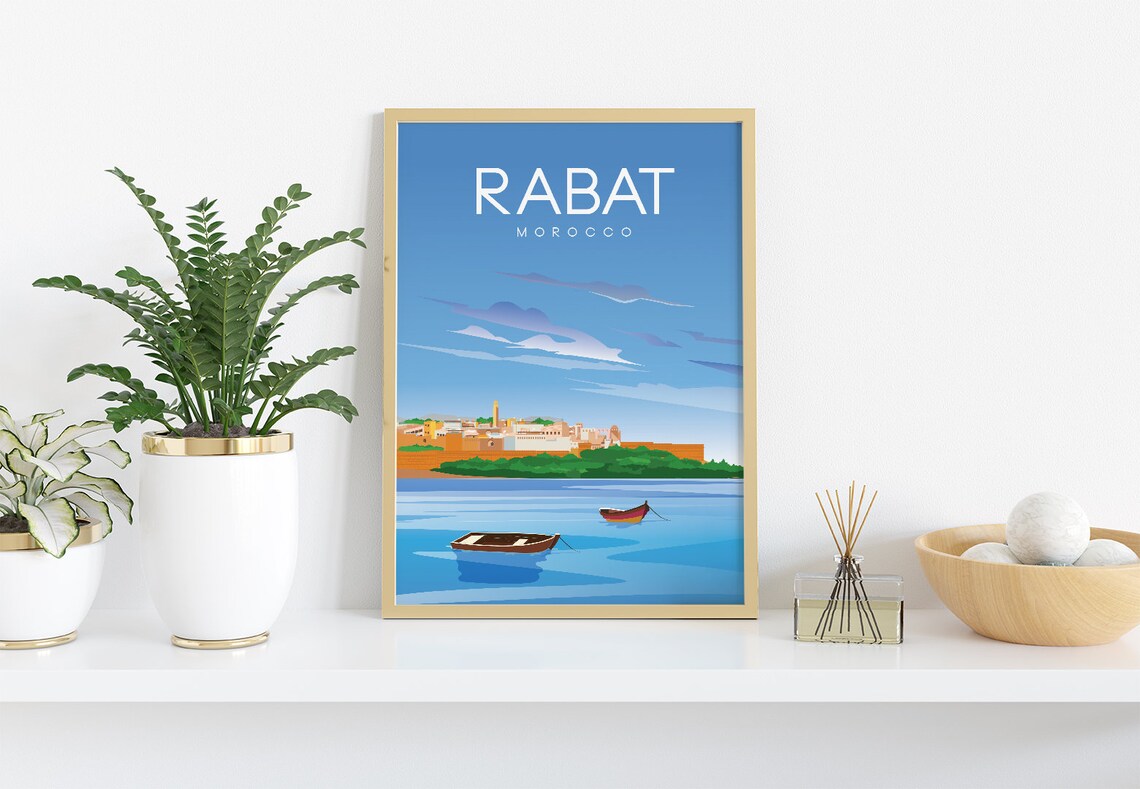 Rabat Morocco Harbor Boats Seaside Citadel Blue Sky Travel Poster