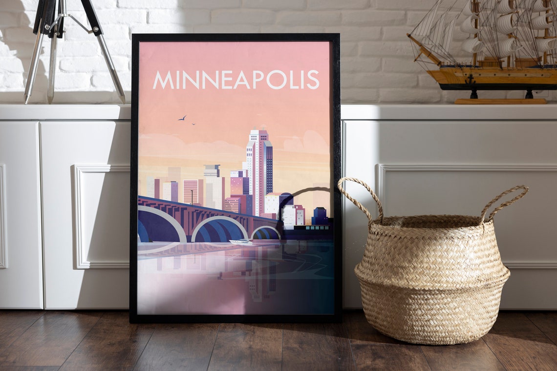 Minneapolis Minnesota Travel Poster Skyline Bridge Sunset Scene - Image 2
