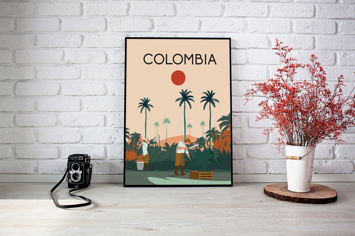 Colombia Travel Poster Coffee Harvest Farmers Palm Sunset Scene - Image 3