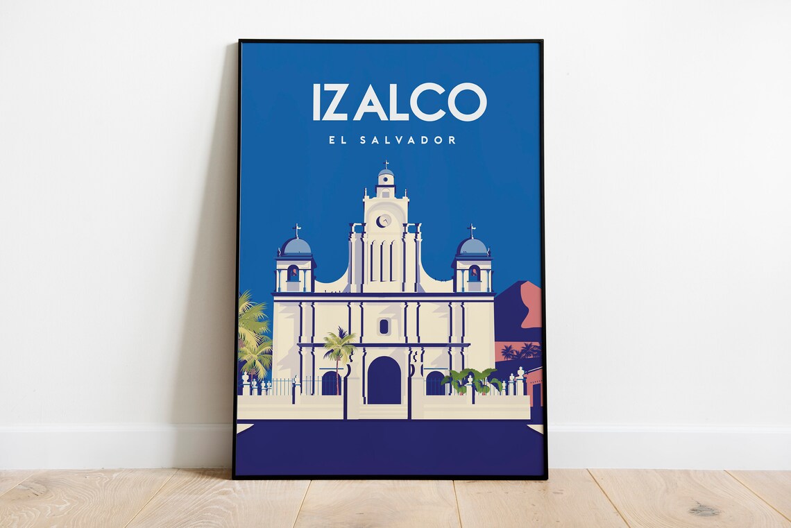 Izalco El Salvador Colonial Church Volcano Sky Travel Poster