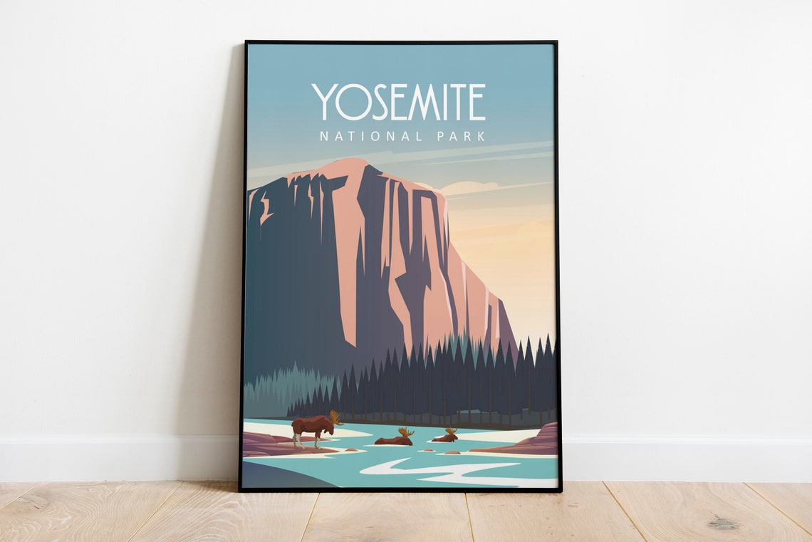Yosemite National Park Travel Poster Granite Cliffs River Scene