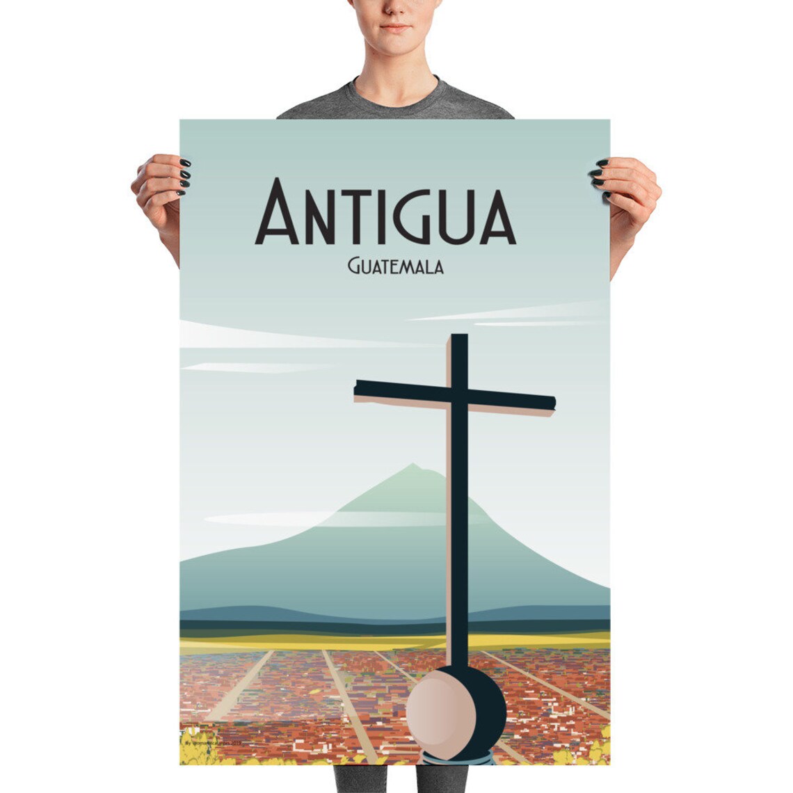 Antigua Guatemala Hill Cross Volcano Cityscape Illustration Poster - Image 3