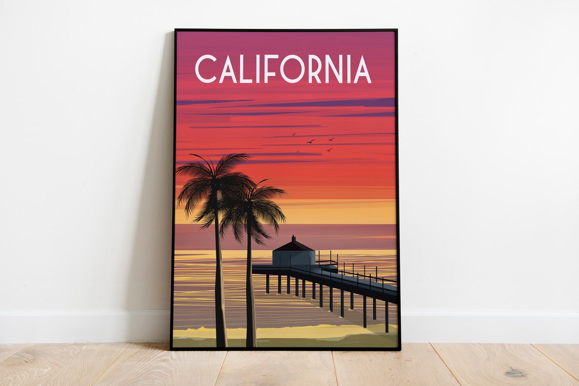 California Sunset Pier Palm Silhouettes Ocean Waves Travel Poster