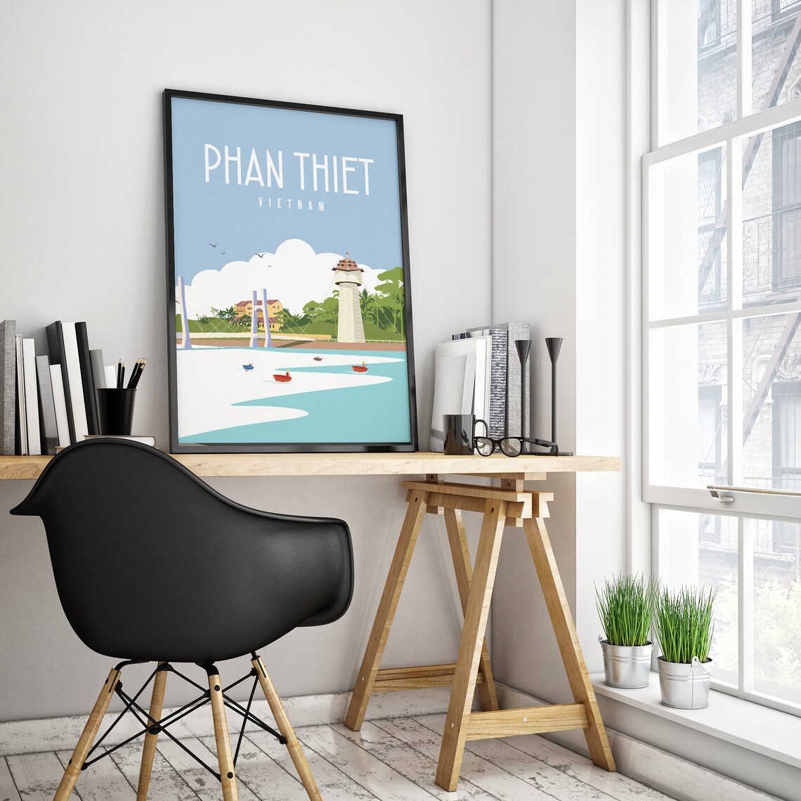 Phan Thiet Vietnam Travel Poster Lighthouse River Boats Scene - Image 2