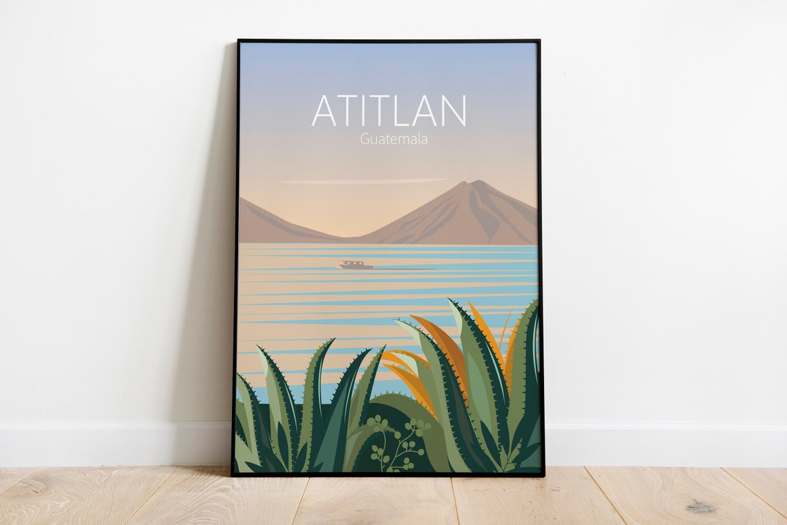 Lake Atitlan Guatemala Volcano Sunset Lakeside Travel Poster