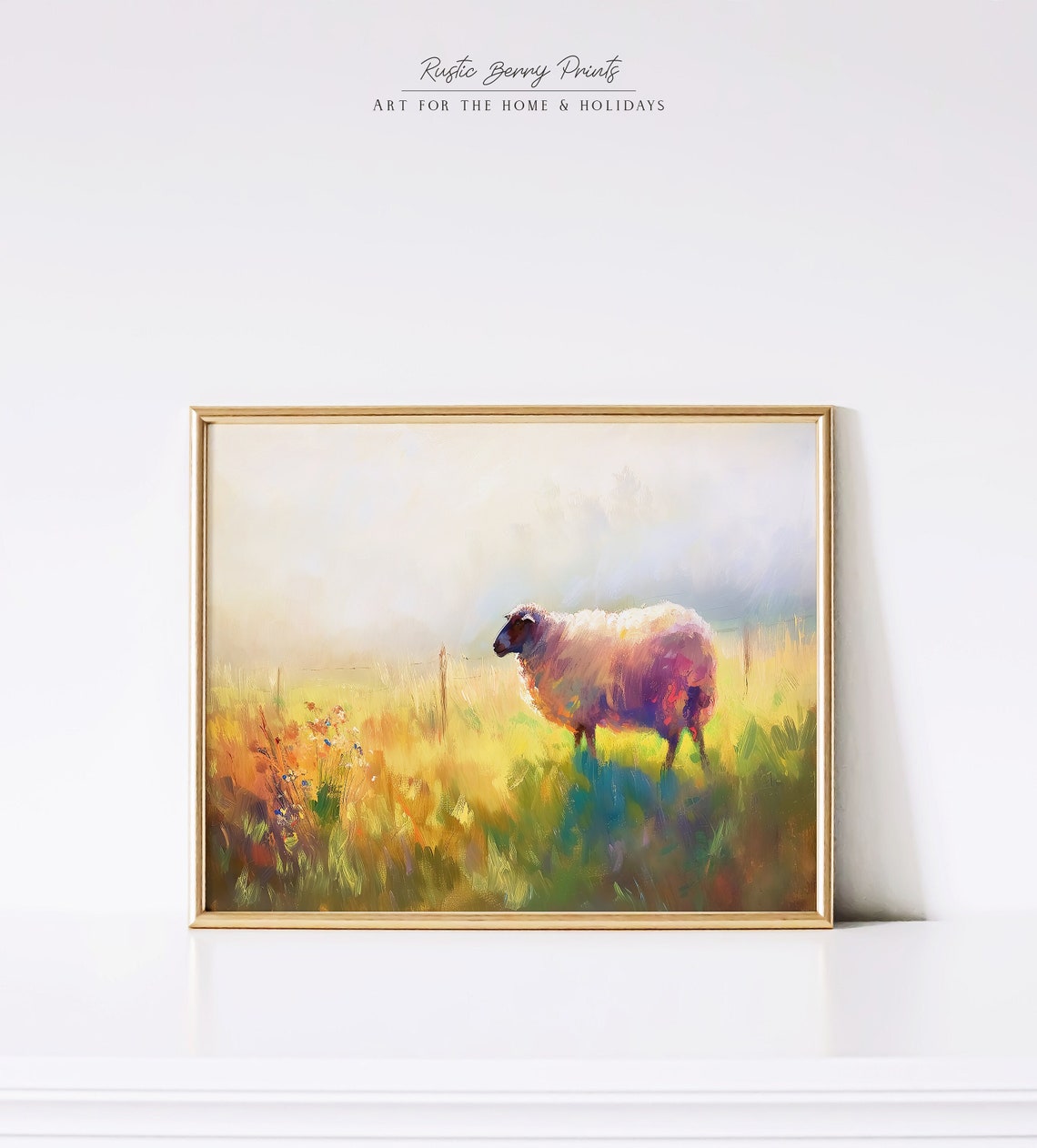 Colorful Sheep Standing In Sunlit Flower Meadow Pastoral Farm Print