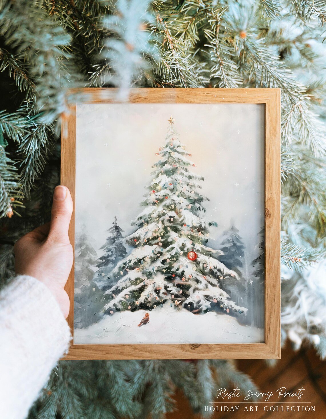 Snowy Outdoor Christmas Tree Lights Ornaments Red Bird Winter Poster