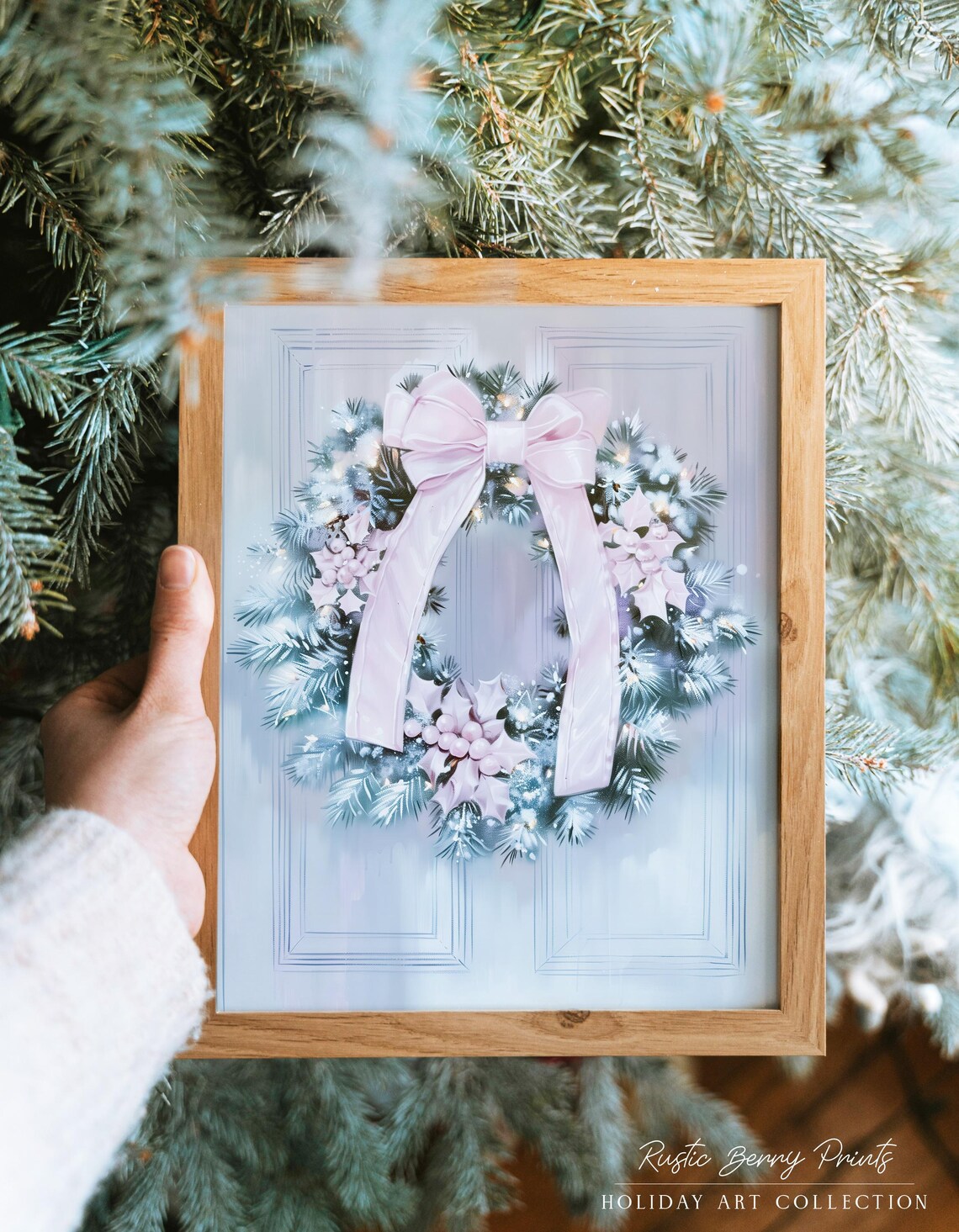 Frosted Christmas Wreath Long Pink Ribbon Watercolor Art Print