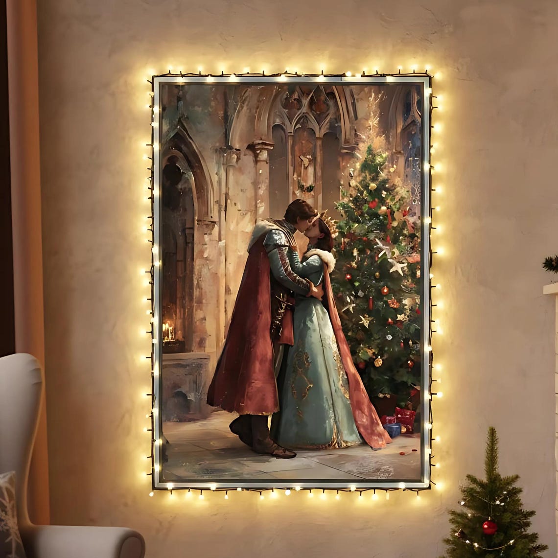 Medieval Knight and Lady Embracing by Christmas Tree Art Poster