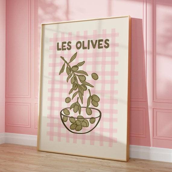 Olive Wall Art Cottagecore Olives Print Cute Kitchen Decor Vintage Olives Farmhouse Print Pink Gingham Art Print Retro Kitchen Poster