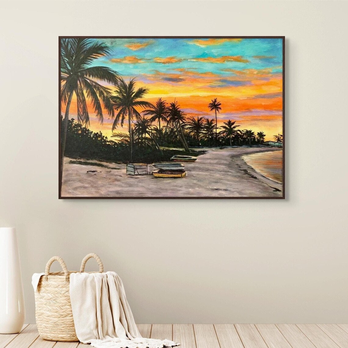 Tropical Palm Beach Sunset Orange Sky Beached Boats Island Poster - Image 4
