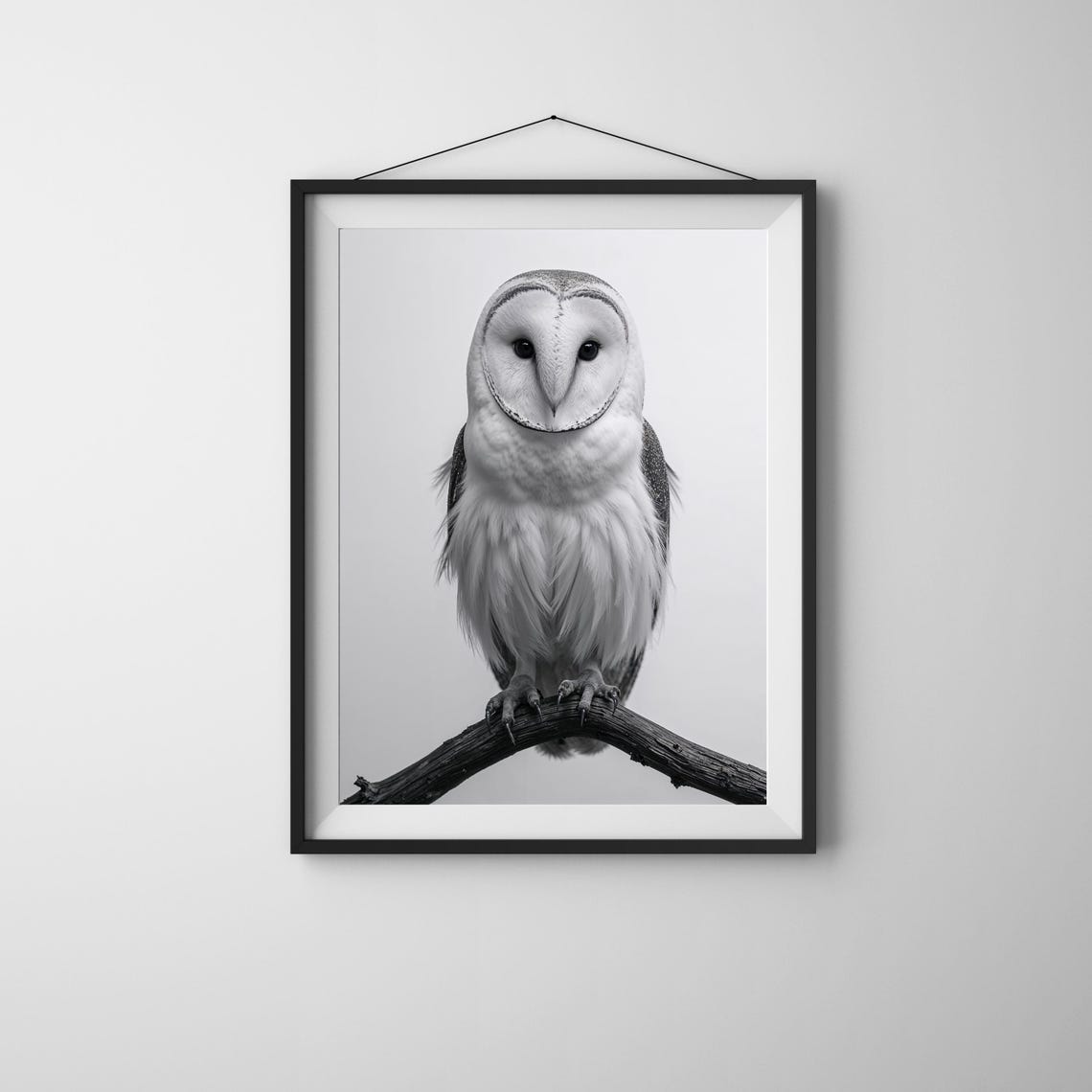 Barn Owl on Branch Black and White Striking Bird Portrait Wall Poster
