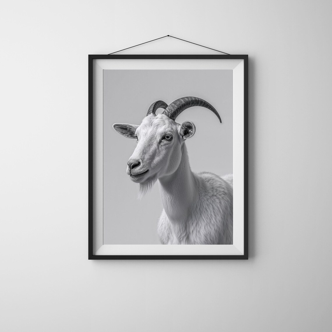 White Goat Portrait Black and White Minimalist Farm Animal Wall Poster