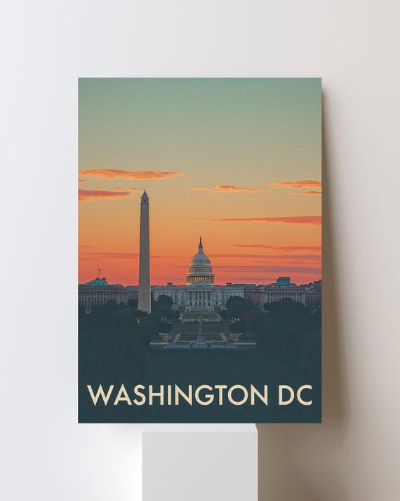 Washington DC Capitol and Monument at Sunset City Scene Poster