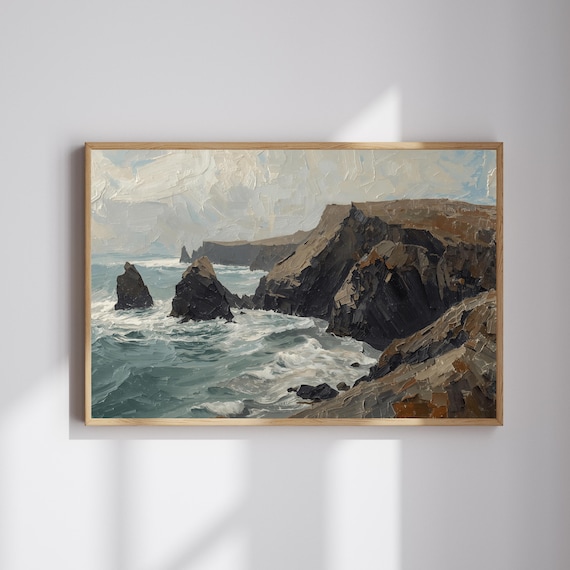 Rugged Coastal Cliffs Ocean Waves Oil Painting Landscape Poster