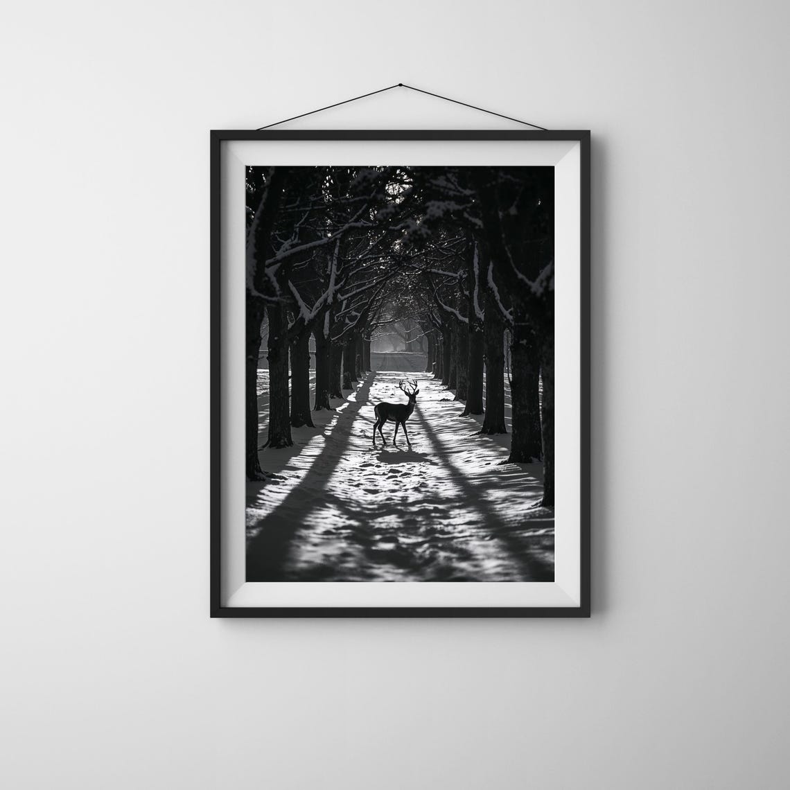 Deer Silhouette Snowy Forest Path Black White Winter Photo Print