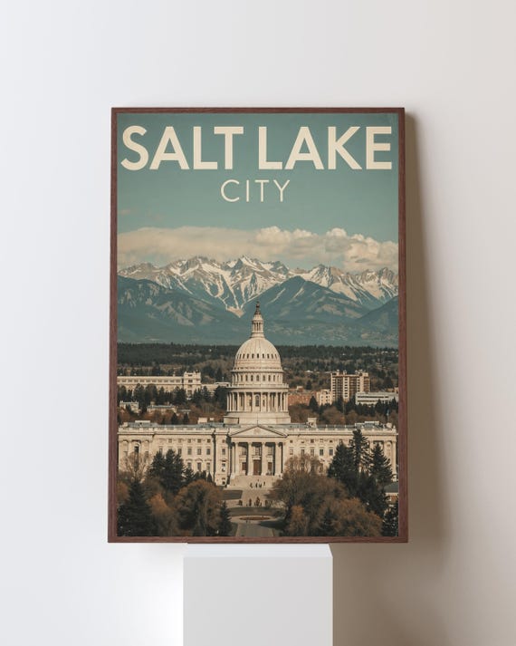 Salt Lake City Retro Travel Poster Capitol Mountains Utah Art