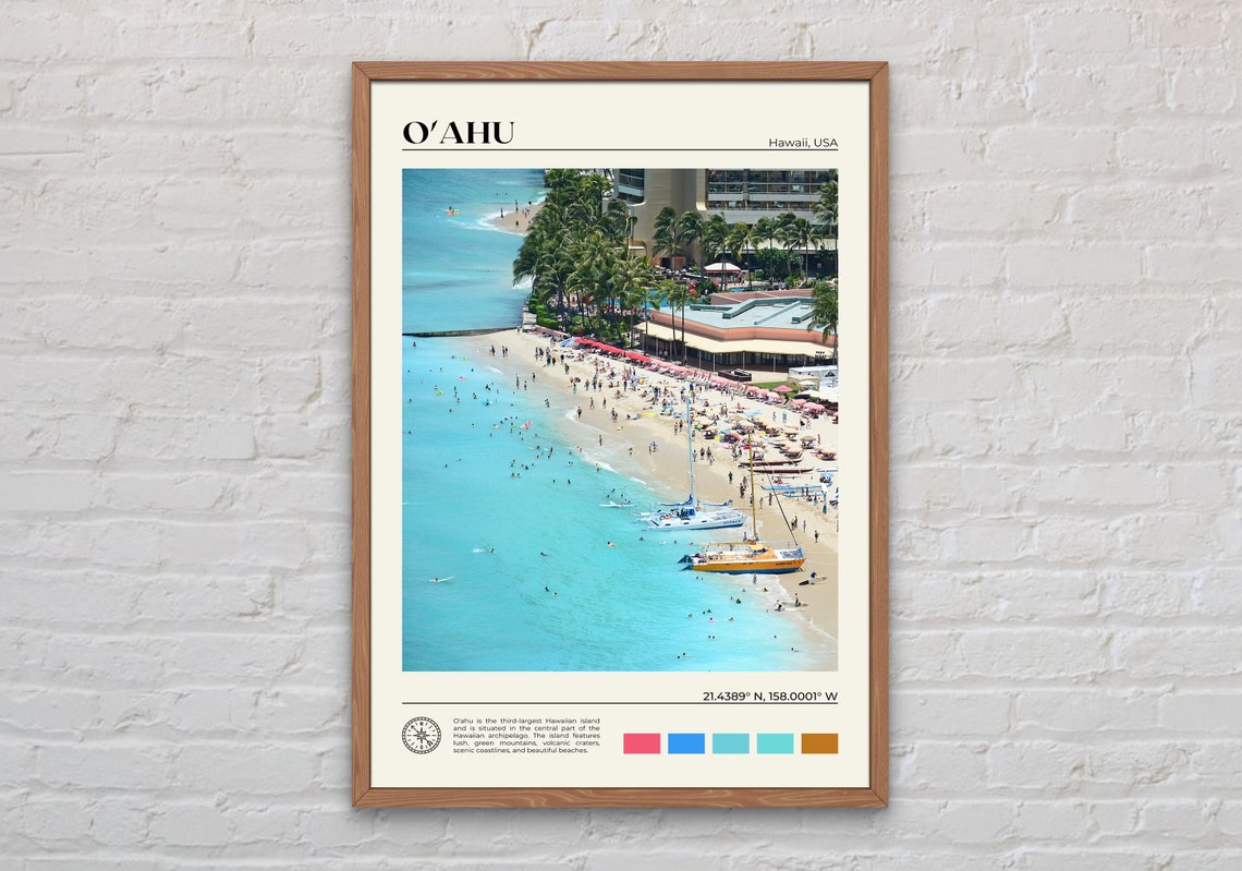 Oahu Hawaii Aerial Waikiki Beach Turquoise Water Travel Poster
