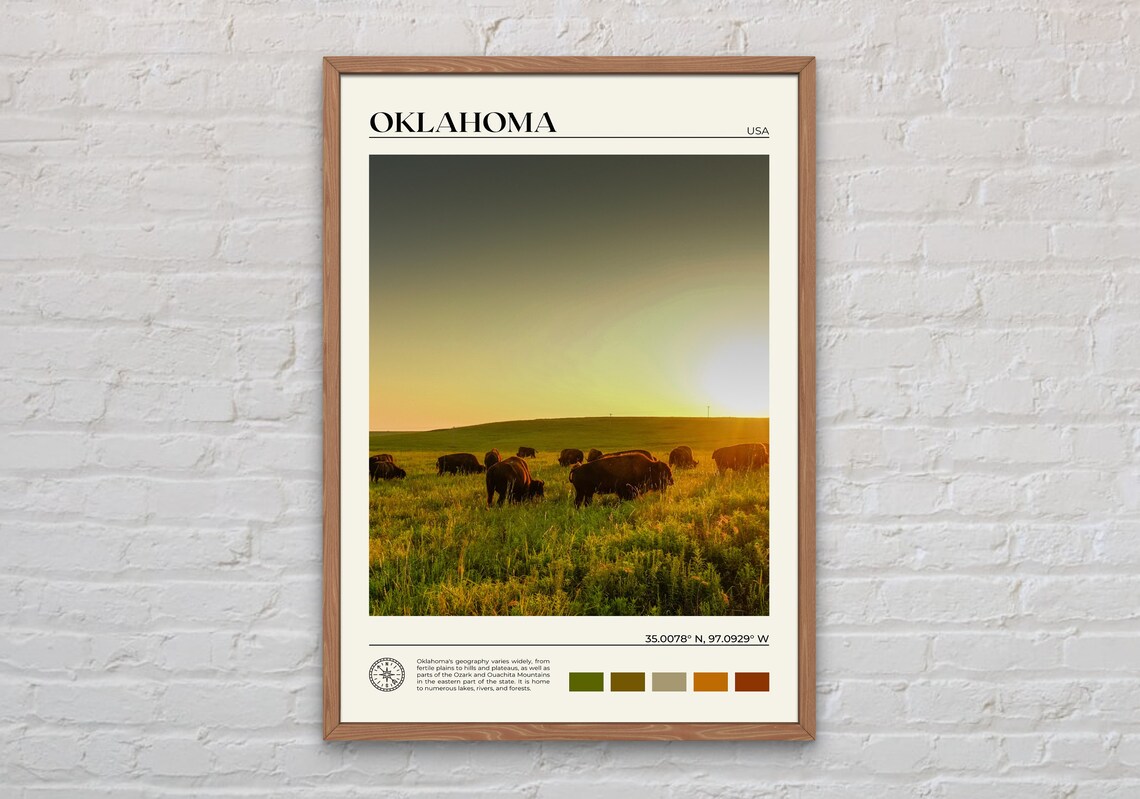 Oklahoma USA Bison Herd Sunset Prairie Wildlife Travel Poster