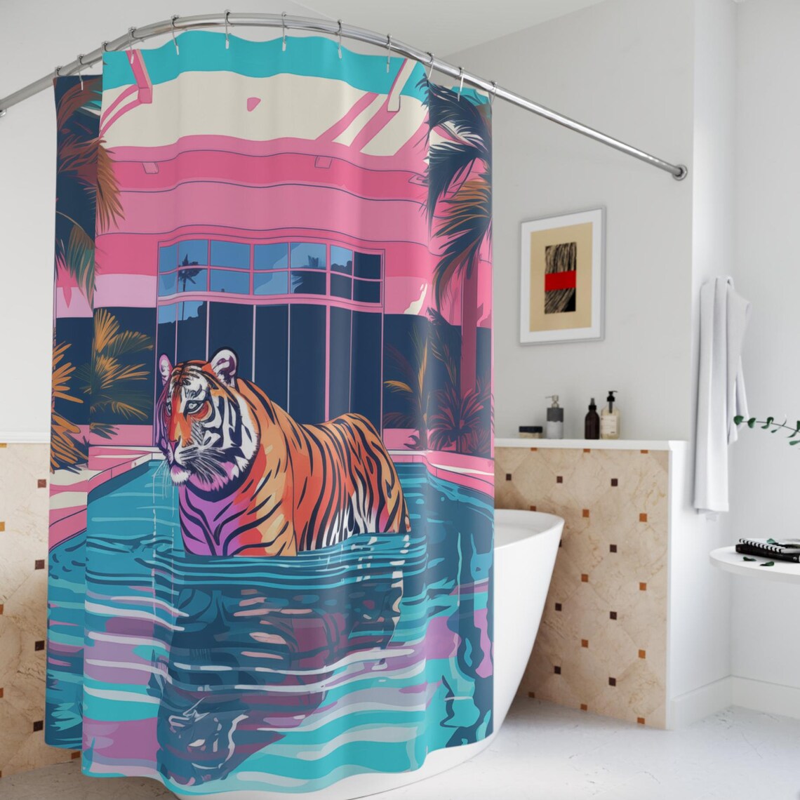 Tiger Wading In Pink Art Deco Hotel Pool Retro Bathroom Wall Art