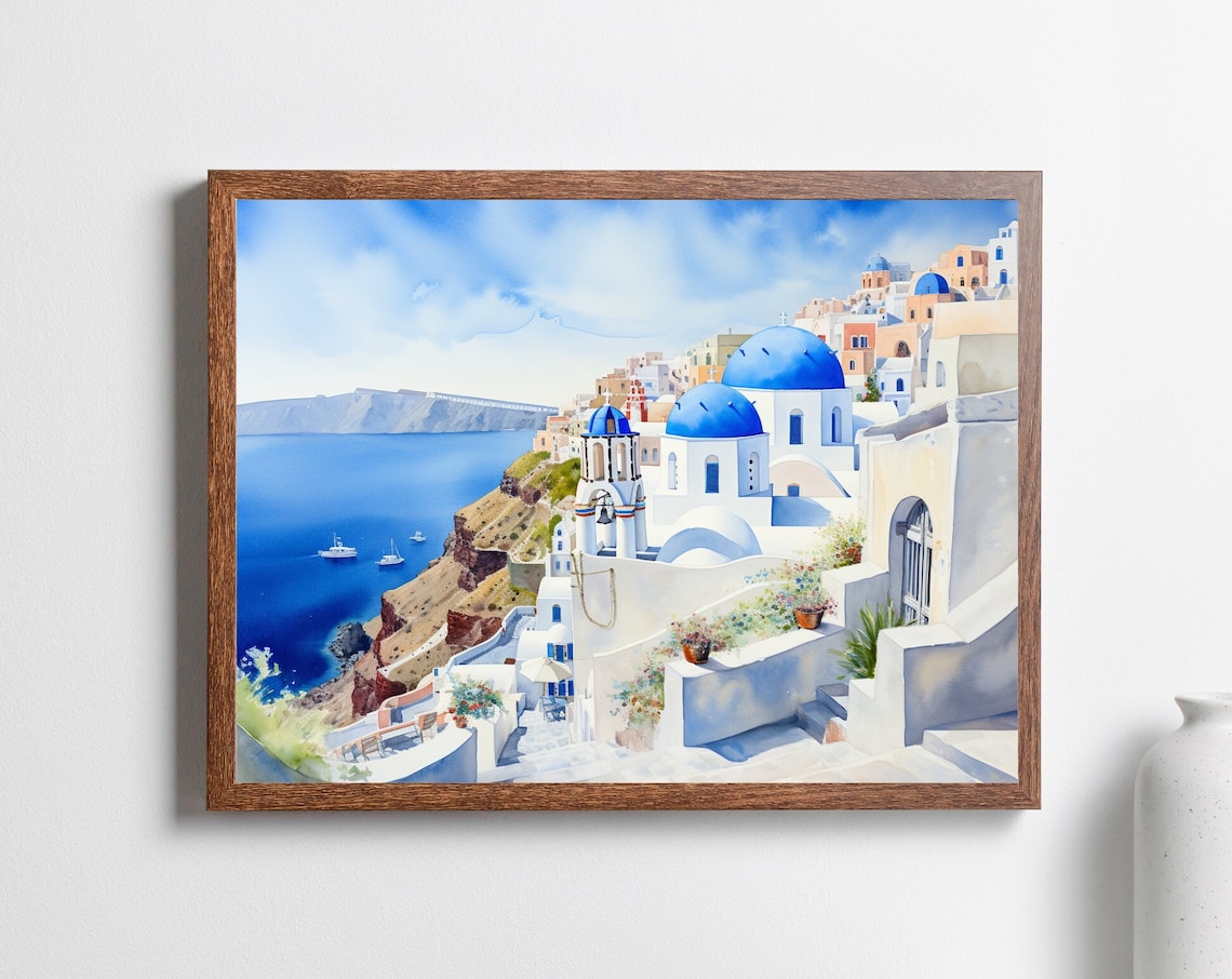 Santorini Greece Watercolor Art Print, Coastal Travel