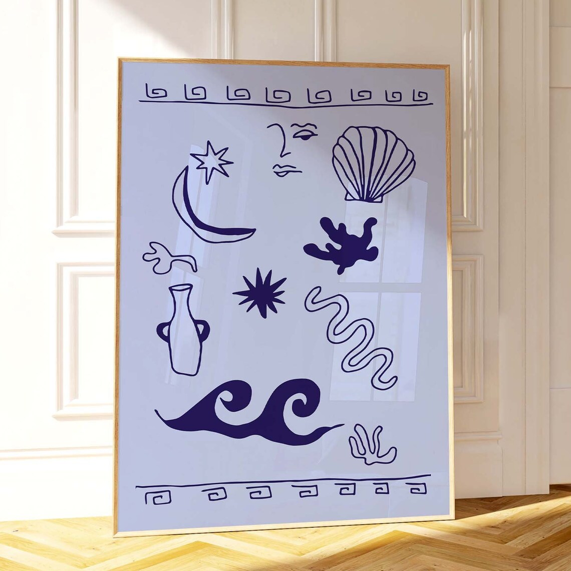 Greek Coastal Icons Navy Sea Line Art Blue Shell Moon Poster