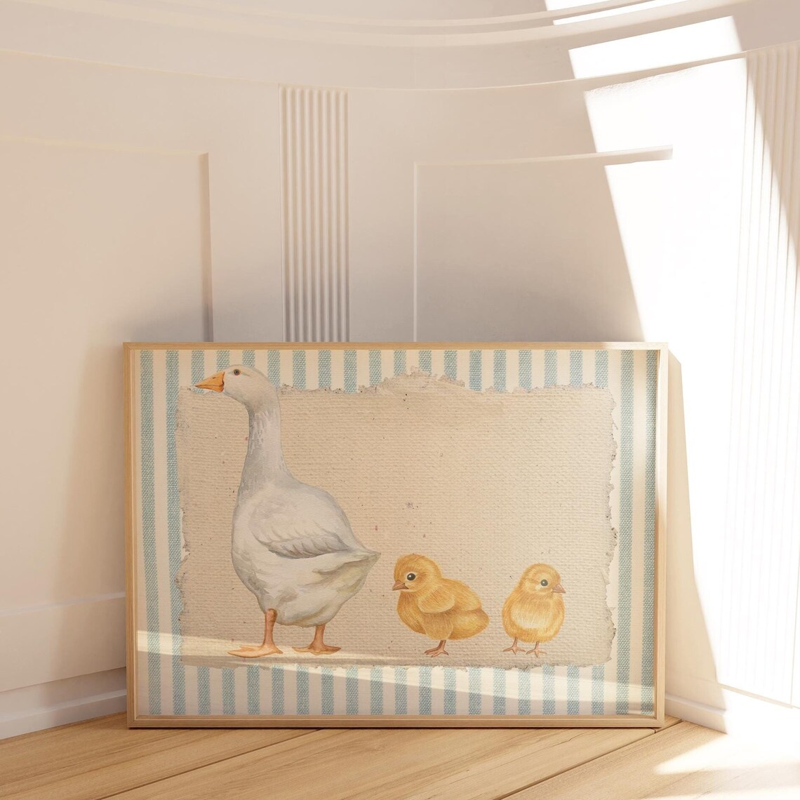 Goose and Two Chicks Blue Striped Mother Goose Nursery Poster