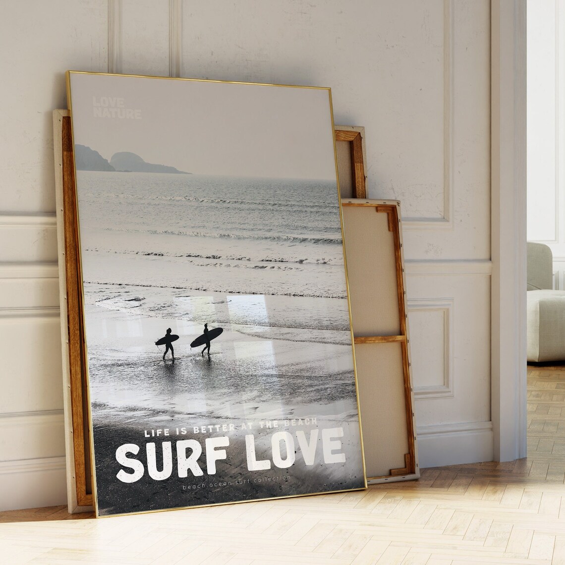 Surf Love Black And White Surfers Walking Shore Ocean Beach Poster