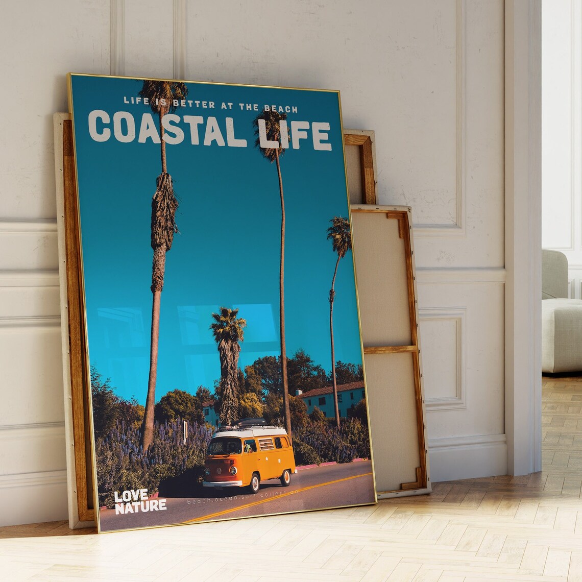 Coastal Life Vintage Van Palm Trees Blue Sky Road Trip Beach Poster