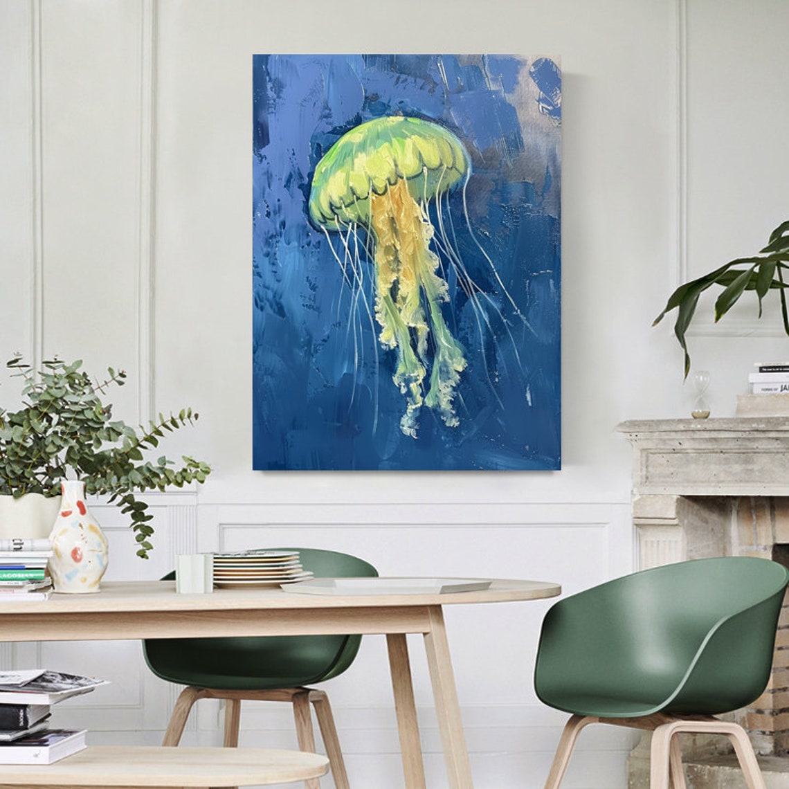 Glowing Green Jellyfish Drifting In Deep Blue Sea Vertical Art Poster - Image 2