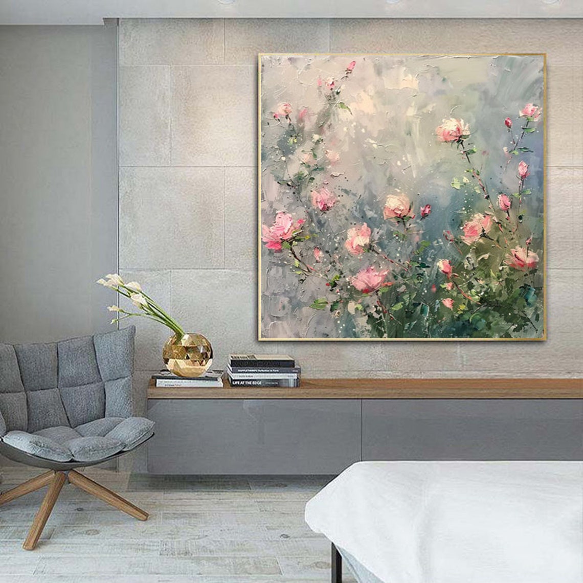 Soft Pink Roses Blooming On Misty Gray Background Floral Art Poster - Image 2