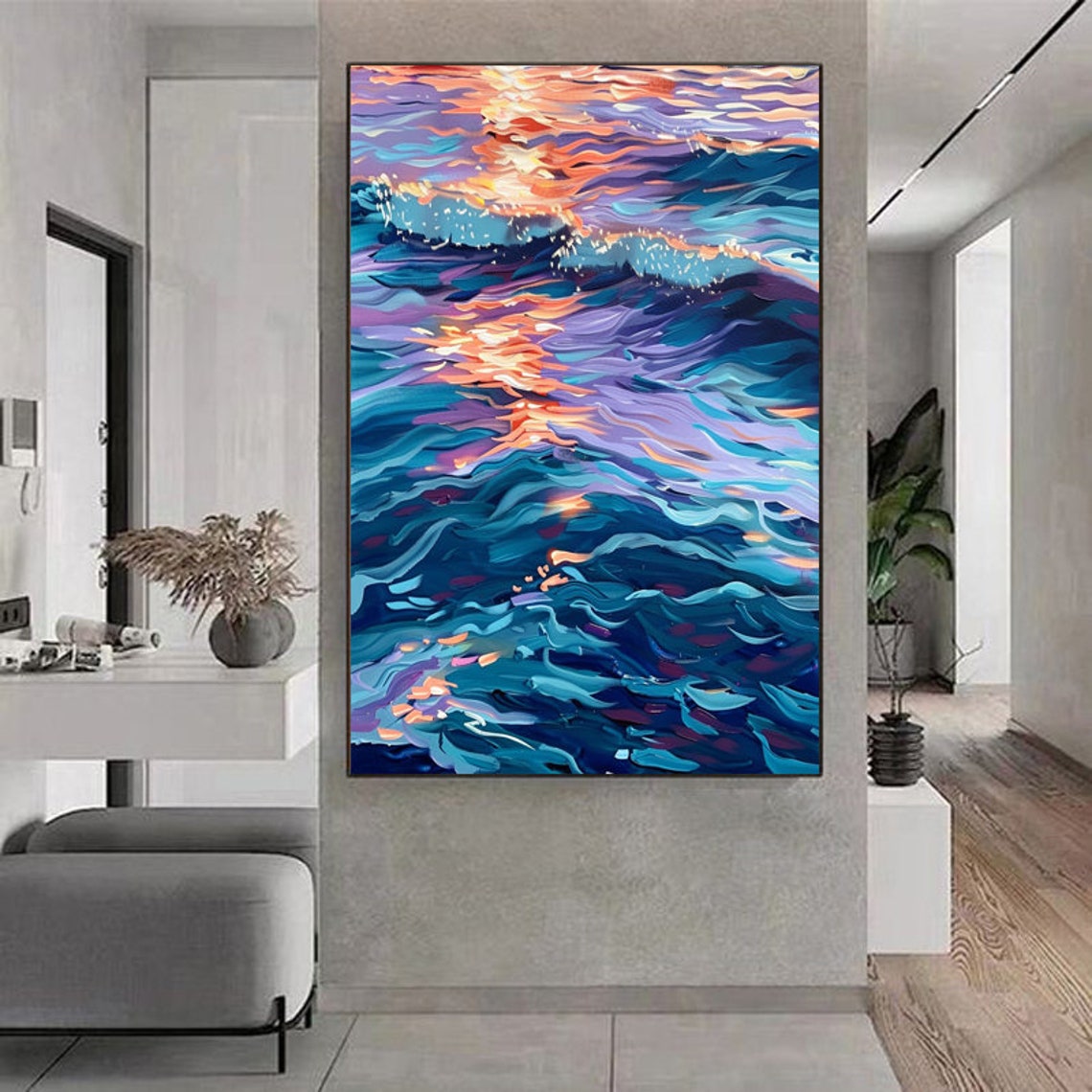 Sunset Reflections On Violet Blue Ocean Waves Vertical Art Poster - Image 4